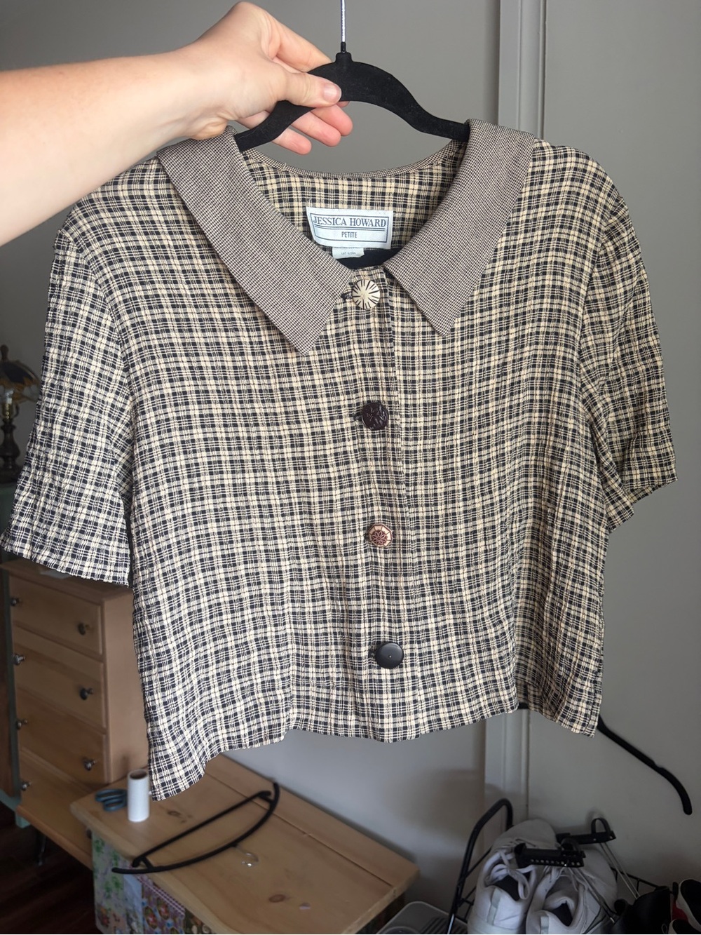 Vintage Jessica Howard Brown & Black Plaid Cropped button down top - Picture 1 of 8